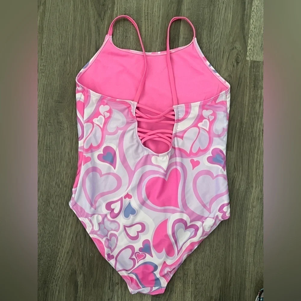 Breaking Wave's Girls Hot Pink Heart Bathing Suit, Size 16